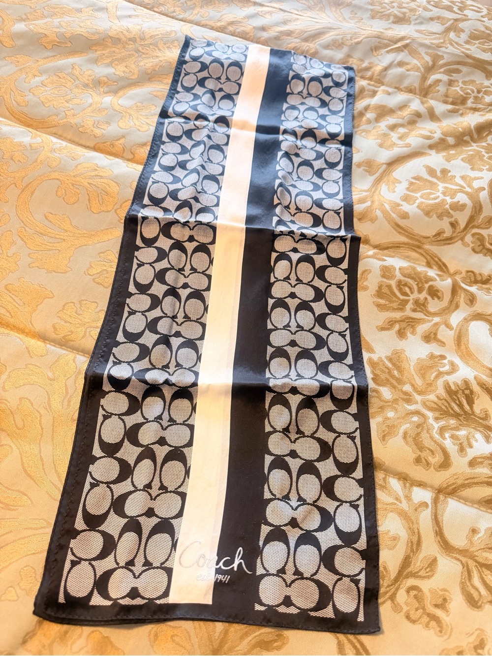 Coach Black and Cream Signature Silk Scarf